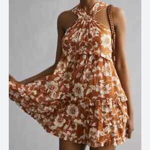 Anthropologie Floral Mini Halter Dress Size 6P Rust Brown